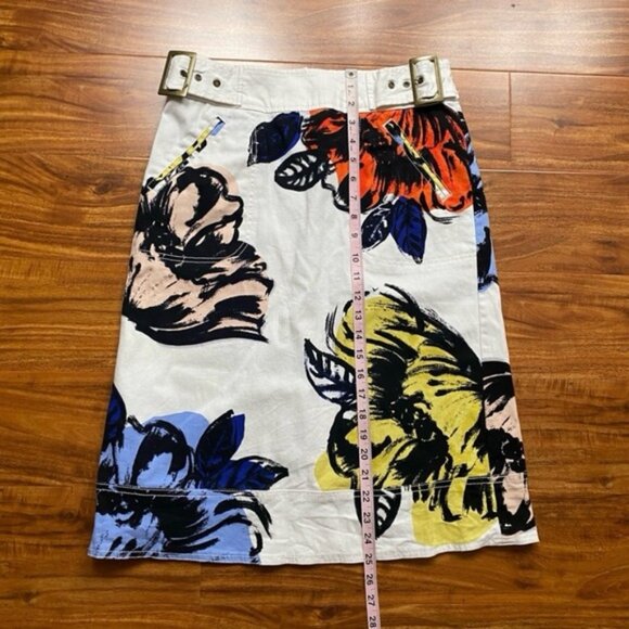 Anthropologie Maeve White Multicolor Watercolor Floral Belt Denim Skirt Size 4 - Picture 16 of 16